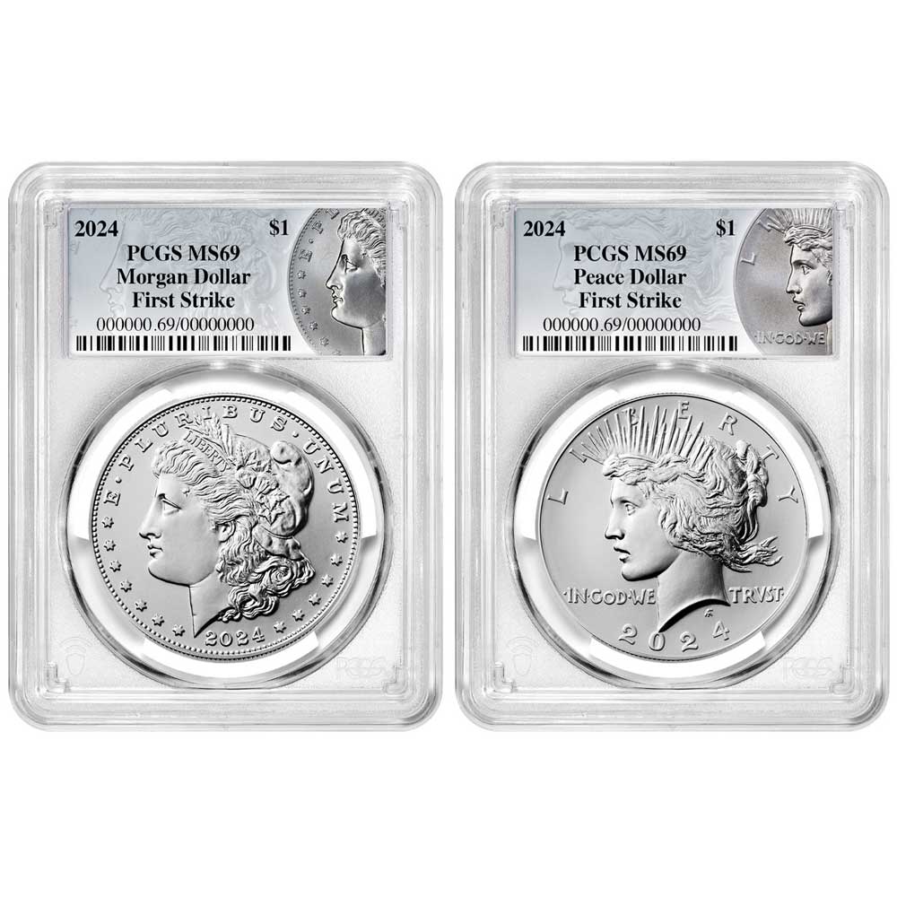 2024 $1 Morgan and Peace Silver Dollar 2pc Set PCGS MS69 FS Morgan