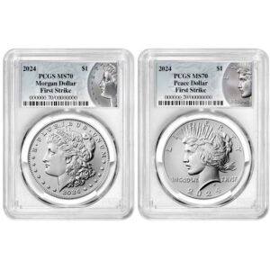 2024 $1 Morgan and Peace Silver Dollar 2pc Set PCGS MS70 FS Morgan & Peace Label