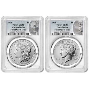 2024 $1 Morgan and Peace Silver Dollar 2pc Set PCGS MS70 FDOI Morgan & Peace Label