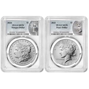 2024 $1 Morgan and Peace Silver Dollar 2pc Set PCGS MS70 Morgan & Peace Label
