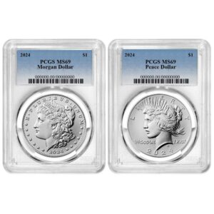 2024 $1 Morgan and Peace Silver Dollar 2pc Set PCGS MS69 Blue Label