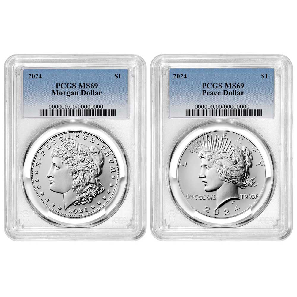 2024 $1 Morgan and Peace Silver Dollar 2pc Set PCGS MS69 Blue