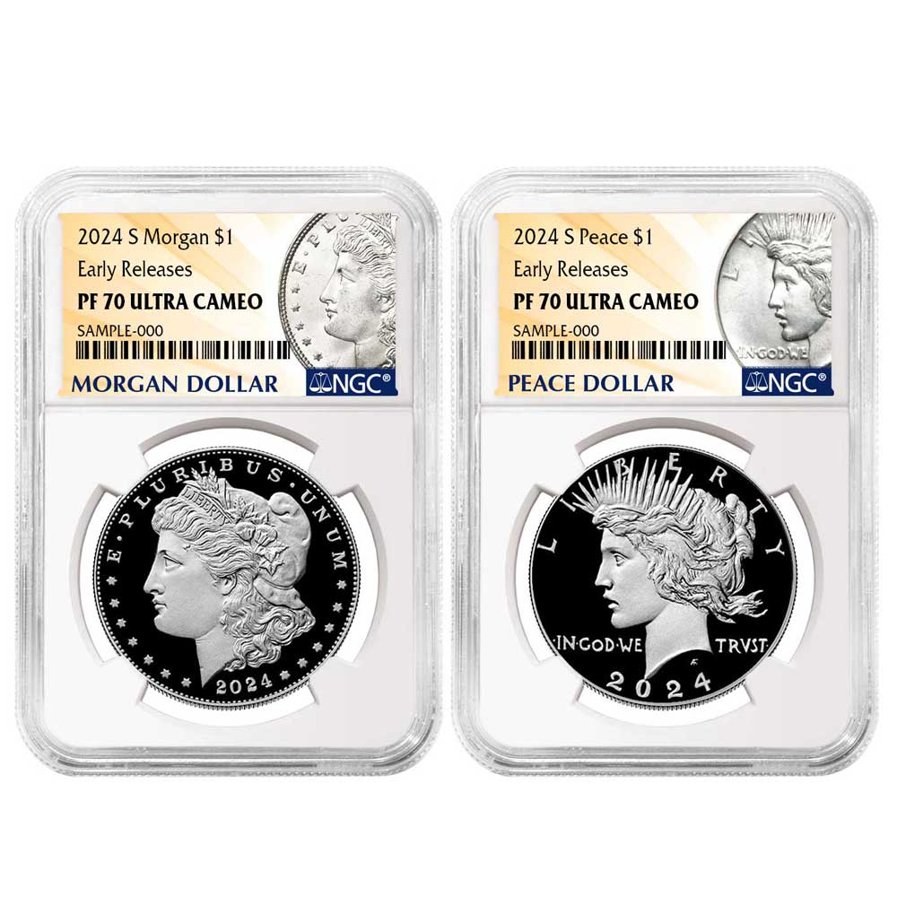 2024-S $1 Proof Morgan and Peace Silver Dollar 2pc Set NGC PF70UC ER Morgan & Peace Label