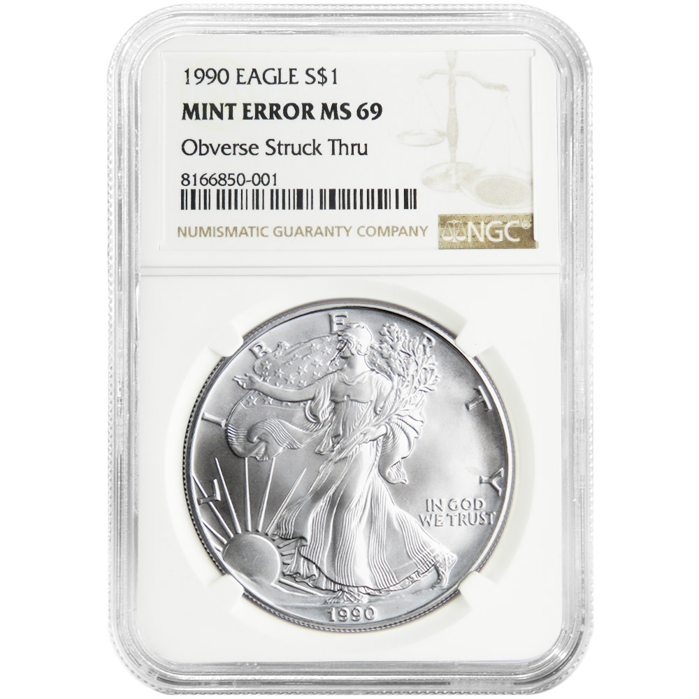 1990 $1 American Silver Eagle NGC MS69 Mint Error Obverse Strike