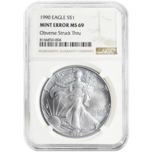 1990 $1 American Silver Eagle NGC MS69 Mint Error Obverse Strike Thru