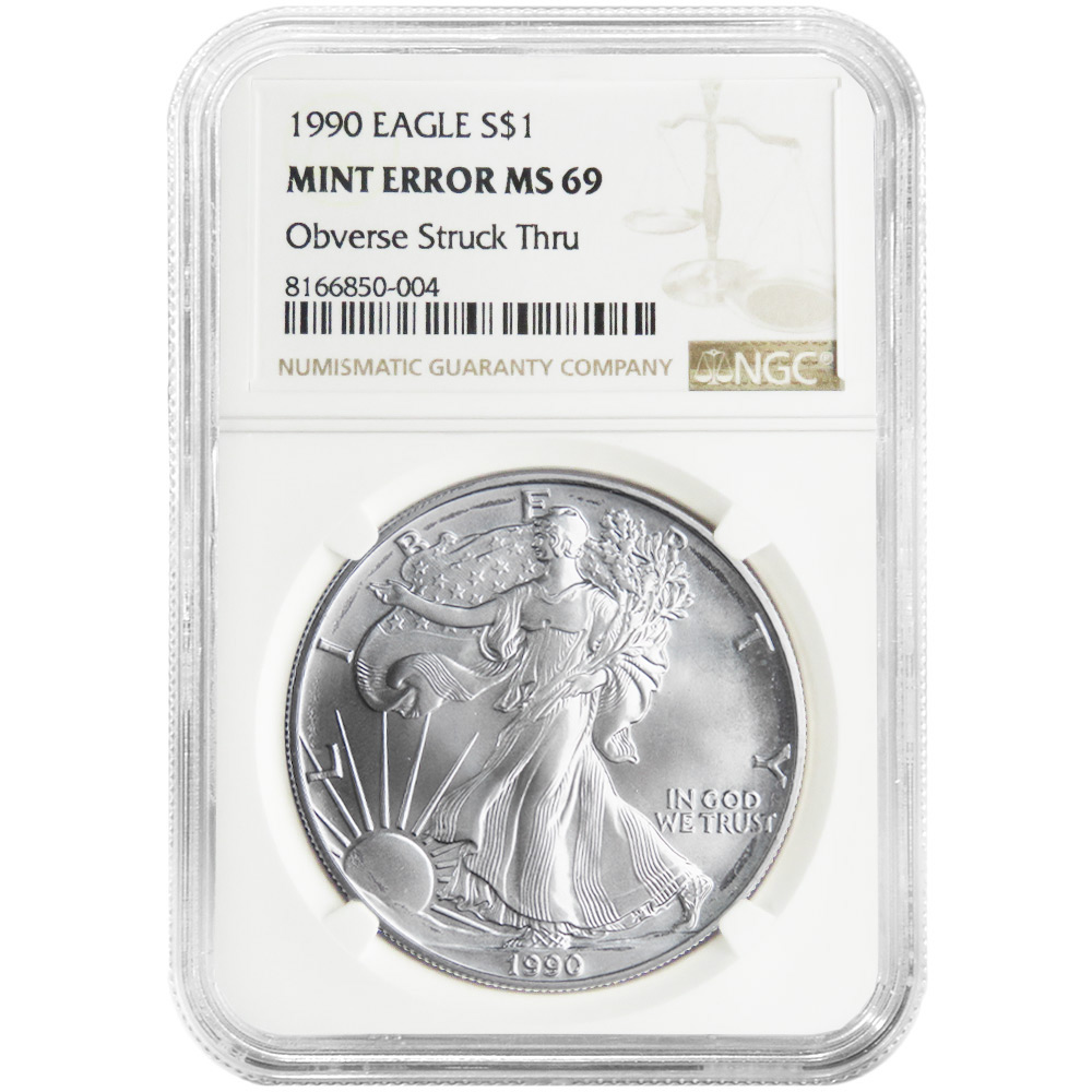 1990 $1 American Silver Eagle NGC MS69 Mint Error Obverse Strike Thru
