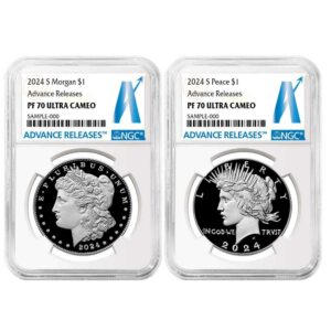 2024-S Proof $1 Morgan and Peace Silver Dollar 2pc Set NGC PF70UC AR Advance Releases Label