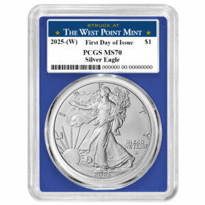 2025 (W) $1 American Silver Eagle PCGS MS70 FDOI West Point Label Blue Frame
