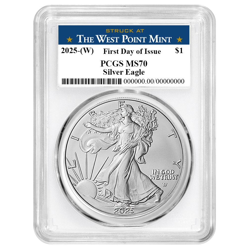2025 (W) $1 American Silver Eagle PCGS MS70 FDOI West Point Label White Frame