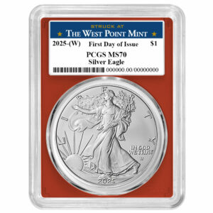 2025 (W) $1 American Silver Eagle PCGS MS70 FDOI West Point Label Red Frame