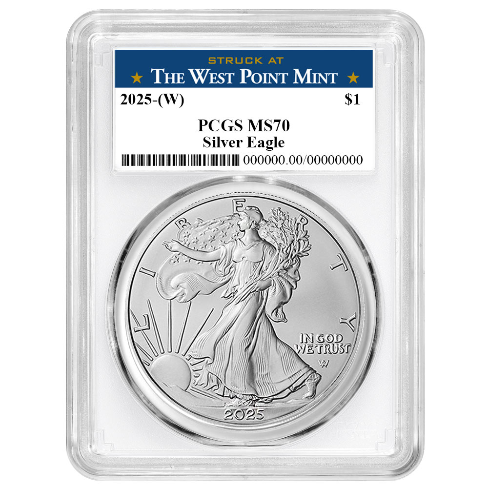 2025 (W) $1 American Silver Eagle PCGS MS70 West Point Label White Frame