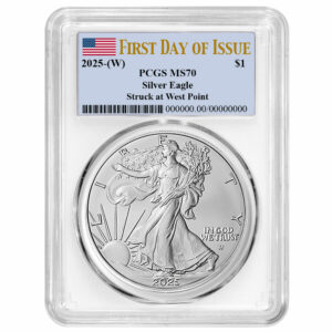 2025 (W) $1 American Silver Eagle PCGS MS70 FDOI Flag Label White Frame