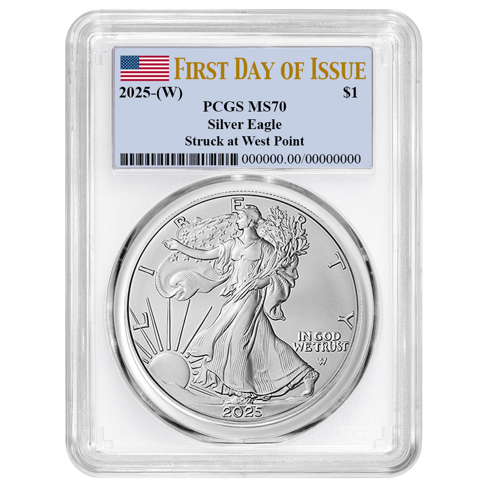 2025 (W) $1 American Silver Eagle PCGS MS70 FDOI Flag Label White Frame