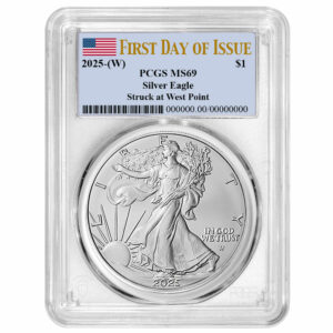 2025 (W) $1 American Silver Eagle PCGS MS69 FDOI Flag Label