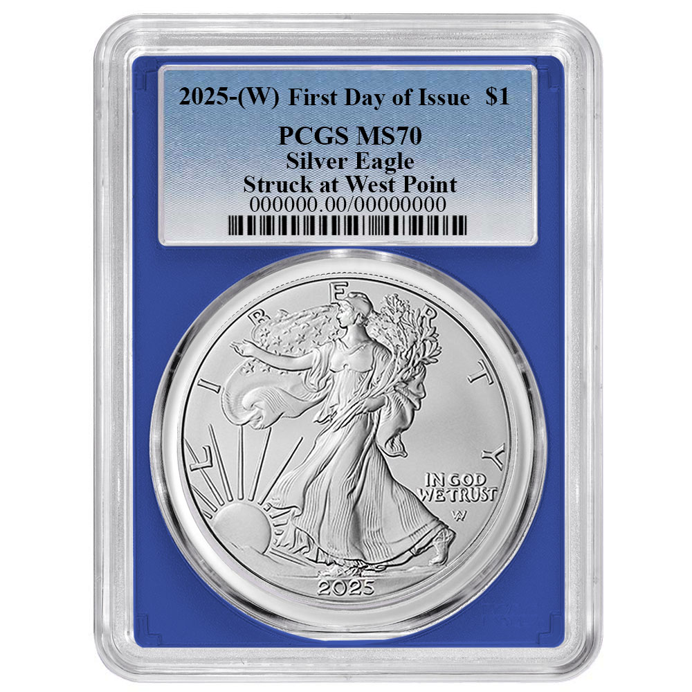 2025 (W) $1 American Silver Eagle PCGS MS70 FDOI Blue Label Blue Frame