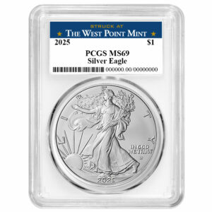 2025 $1 American Silver Eagle PCGS MS69 West Point Label White Frame