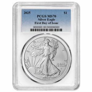2025 $1 American Silver Eagle PCGS MS70 FDOI Blue Label White Frame