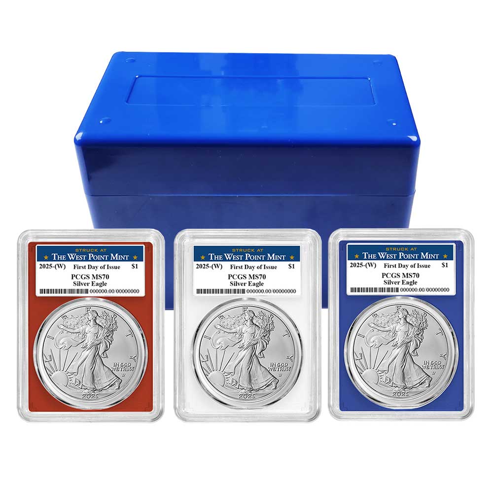 2025 (W) $1 American Silver Eagle 3pc Set PCGS MS70 FDOI West Point Label Red White Blue