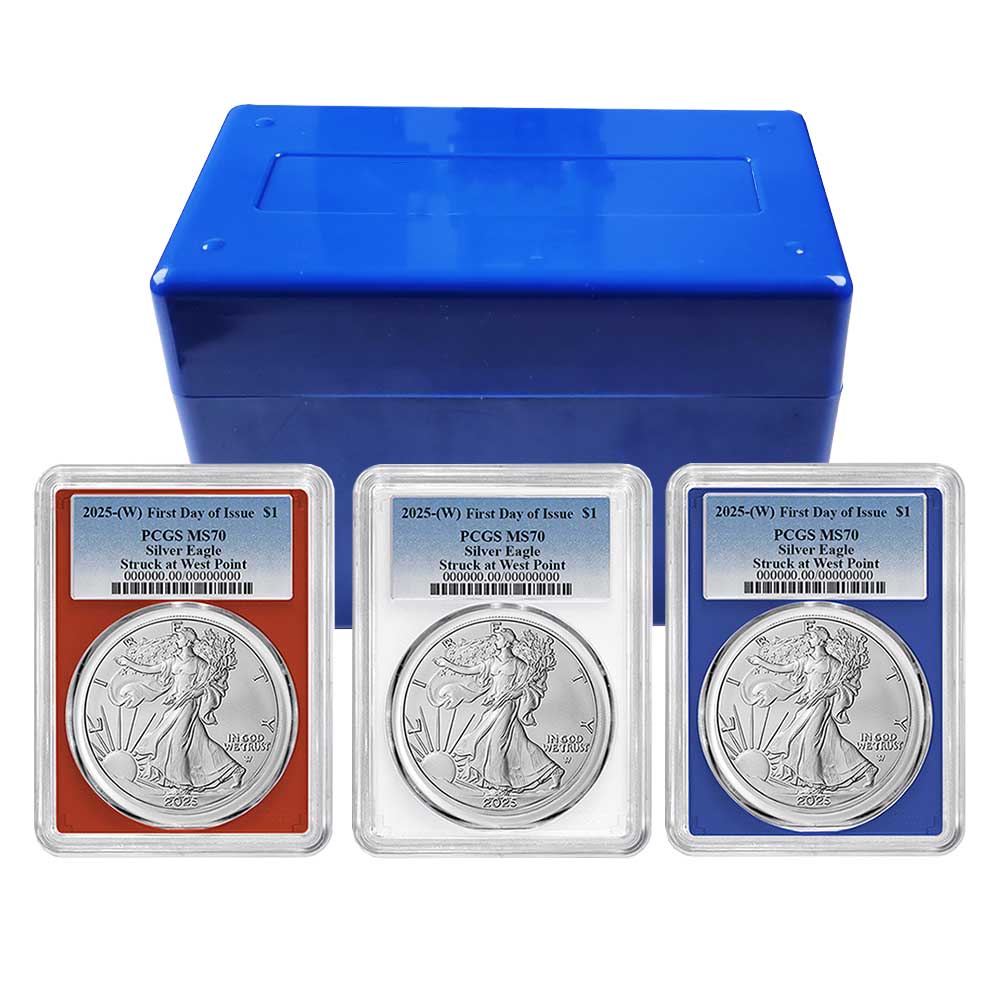 2025 (W) $1 American Silver Eagle 3pc Set PCGS MS70 FDOI Blue Label Red White Blue