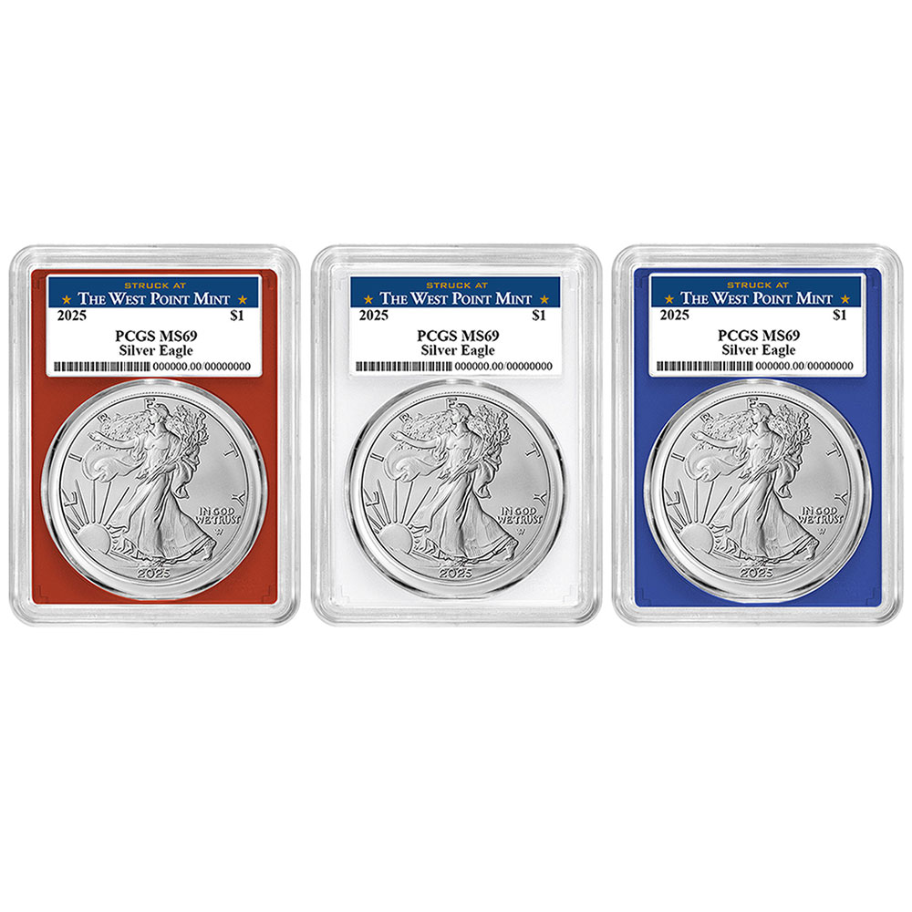 2025 $1 American Silver Eagle 3pc Set PCGS MS69 West Point Label Red White Blue