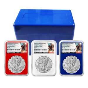 2025 (W) $1 American Silver Eagle 3pc Set NGC MS70 FDI Black Label Red White Blue