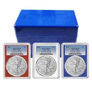 2025 $1 American Silver Eagle 3pc Set PCGS MS70 FDOI Blue Label Red White Blue