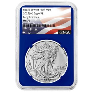 2025 (W) $1 American Silver Eagle NGC MS70 ER Flag Label Blue Core