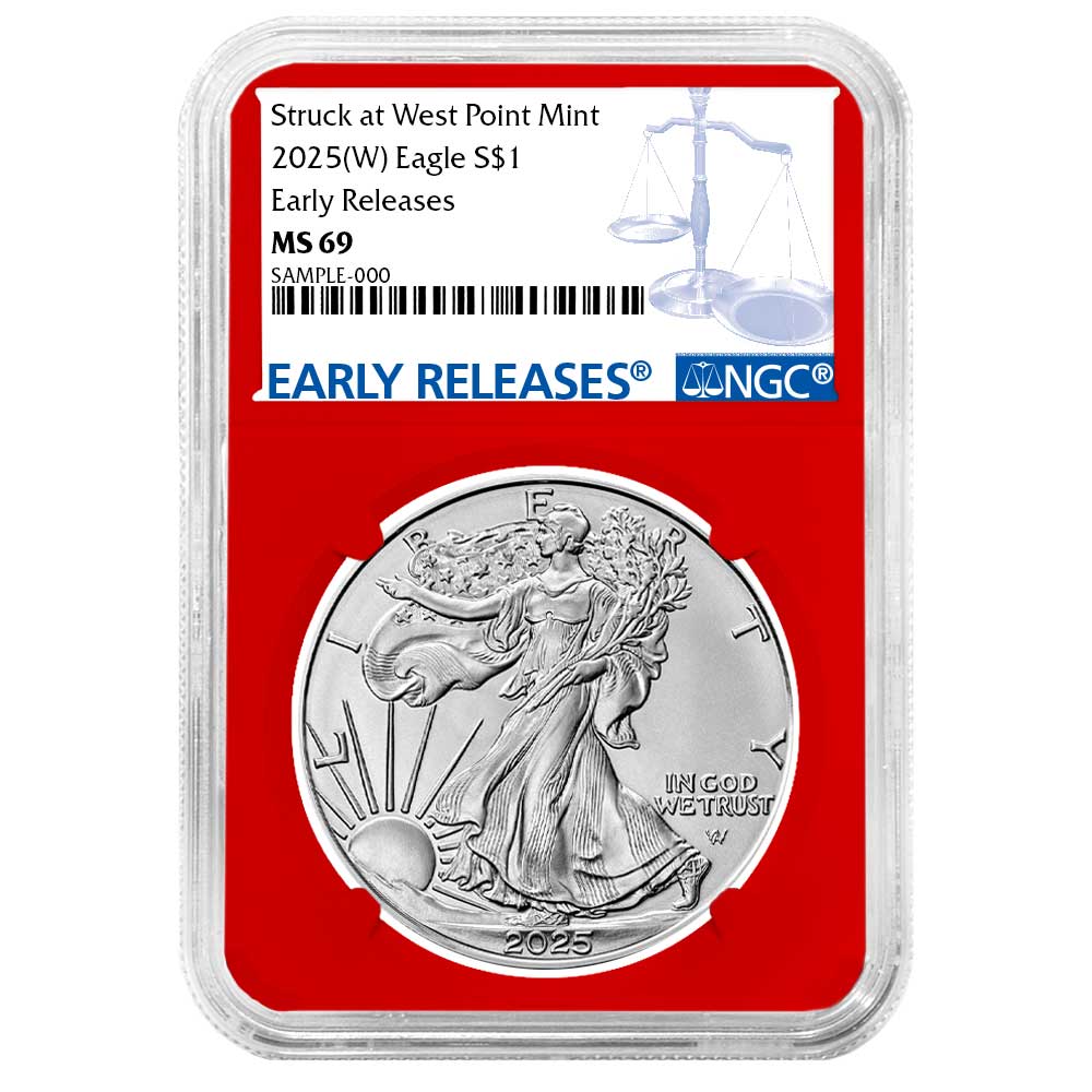 2025 (W) $1 American Silver Eagle NGC MS69 ER Blue Label Red Core