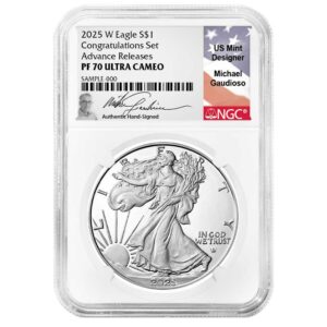 2025-W Proof $1 American Silver Eagle Congratulations Set NGC PF70UC AR Gaudioso Flag Label
