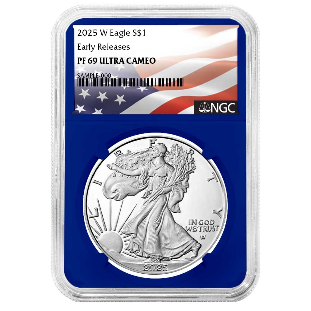 2025-W Proof $1 American Silver Eagle NGC PF69UC ER Flag Label Blue Core
