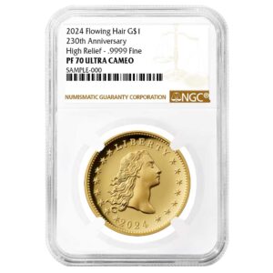 2024 $1 230th Anniversary Flowing Hair High Relief 1 oz Gold Coin NGC PF70UC Brown Label