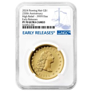 2024 $1 230th Anniversary Flowing Hair High Relief 1 oz Gold Coin NGC PF70UC ER Blue Label