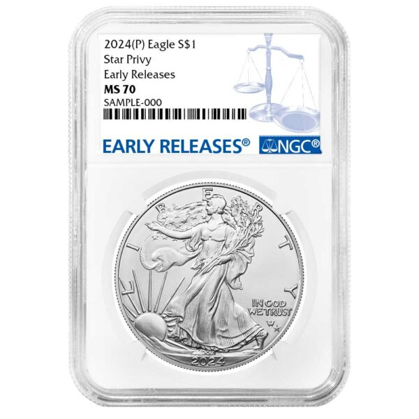 Presale 2024 (P) 1 American Silver Eagle Star Privy NGC MS70 ER Blue