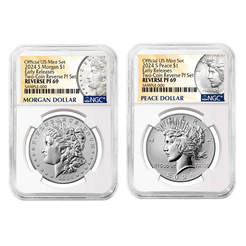 2024-S Reverse Proof $1 Morgan and Peace Silver Dollar 2pc Set NGC PF69 ER Morgan & Peace Label