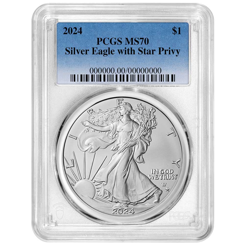 Presale 2024 (P) 1 American Silver Eagle Star Privy PCGS MS70 Blue