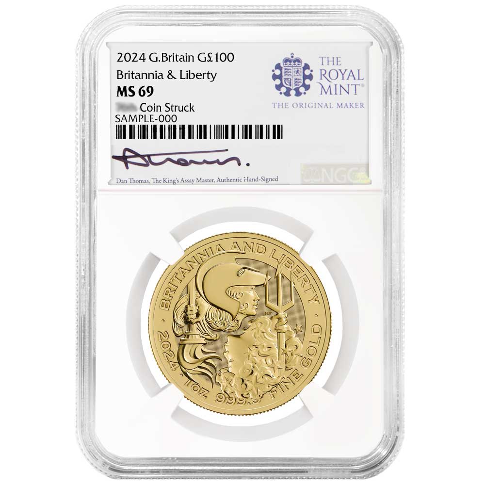 2024 U.K. 100 Pound King Charles lll Gold Britannia & Liberty 1 oz NGC MS69  First 500 Struck Dan Thomas Signature Label - Pinehurst Coins