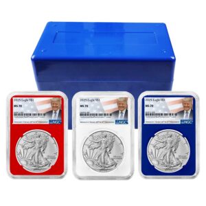 2025 $1 American Silver Eagle 3pc Set NGC MS70 Trump Label Red White Blue