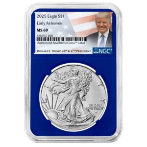 2025 $1 American Silver Eagle NGC MS69 ER Trump Label Blue Core
