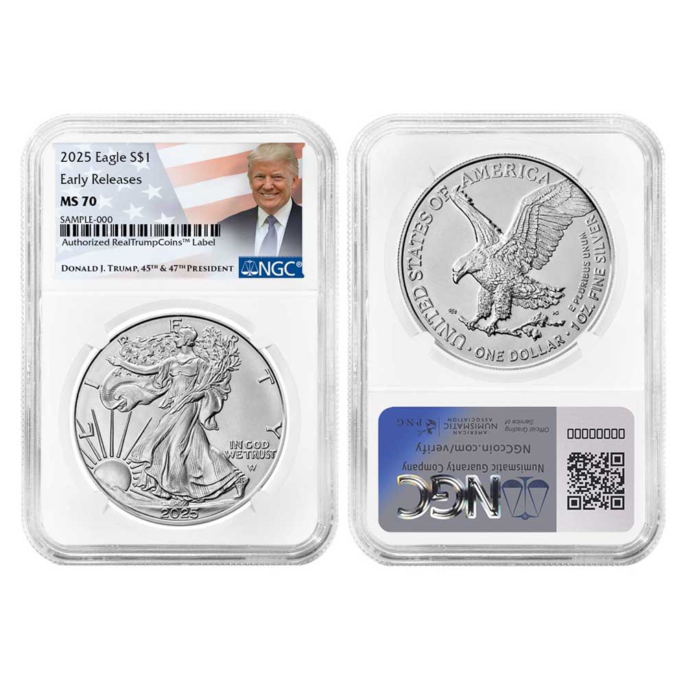 2025 $1 American Silver Eagle 3pc Set ER Trump Label - Pinehurst Coins