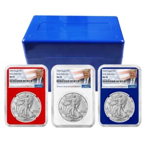 2025 $1 American Silver Eagle 3pc Set NGC MS70 ER Trump Label Red White Blue