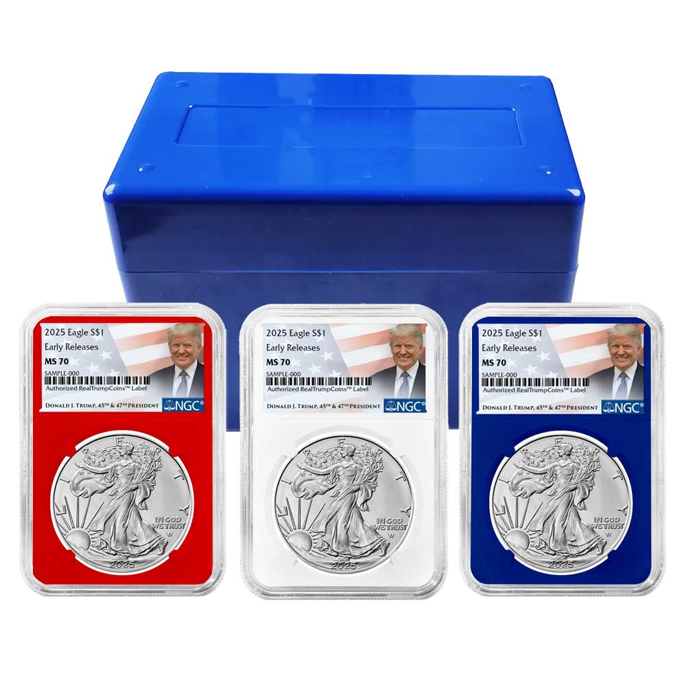 2025 $1 American Silver Eagle 3pc Set ER Trump Label - Pinehurst Coins