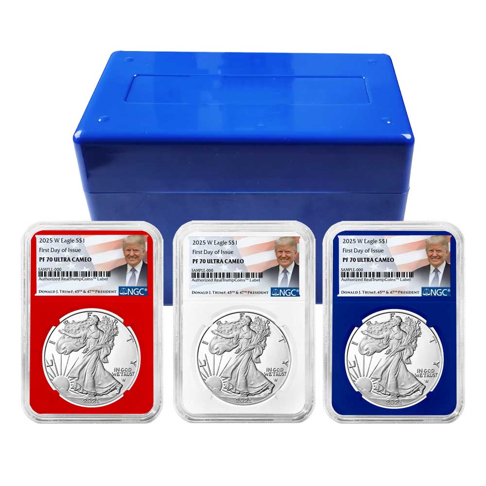 2025-W Proof $1 American Silver Eagle 3pc Set NGC PF70UC FDI Trump Label Red White Blue