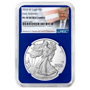 2025-W Proof $1 American Silver Eagle NGC PF70UC ER Trump Label Blue Core