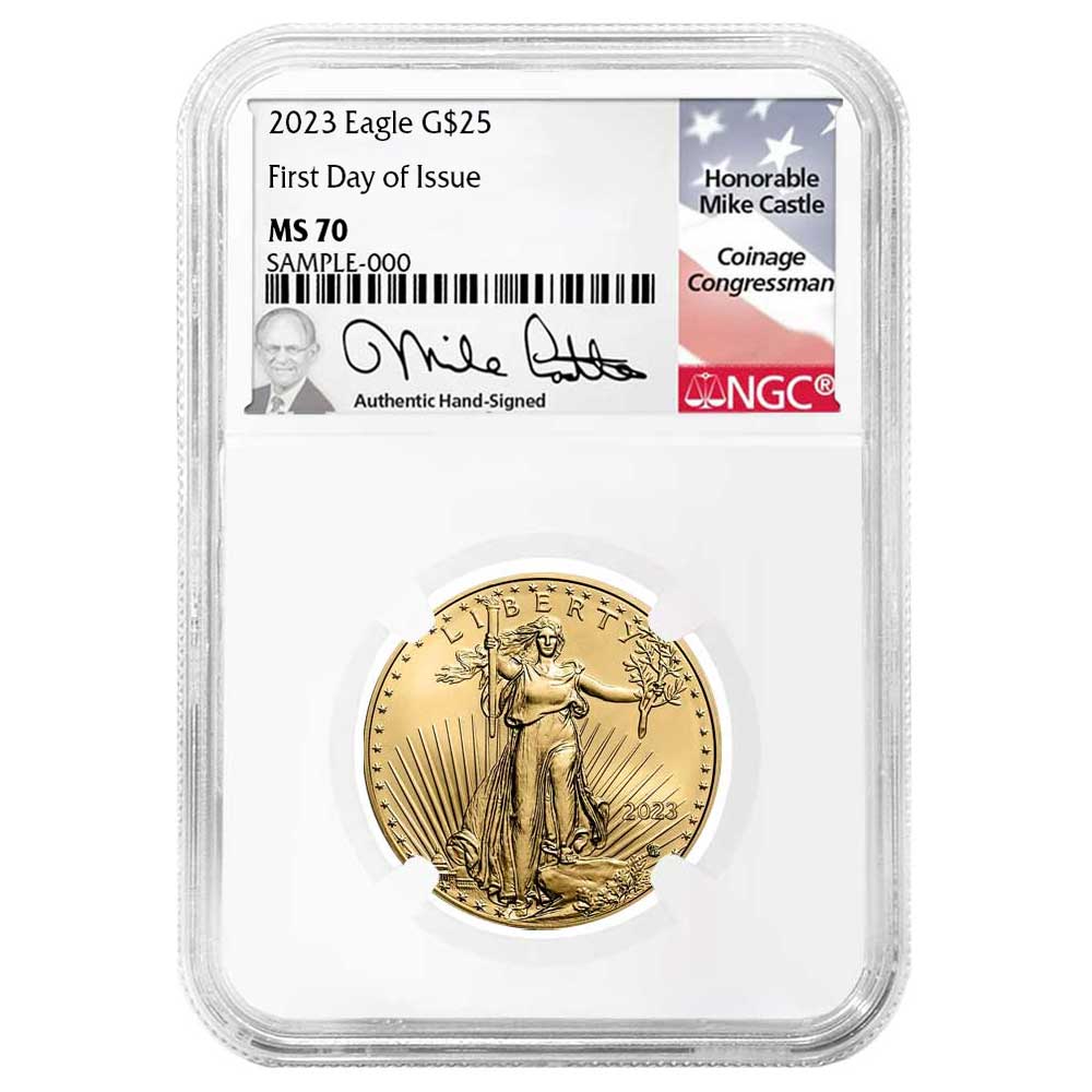 2023 $25 American Gold Eagle 1/2 oz NGC MS70 FDI Mike Castle Flag