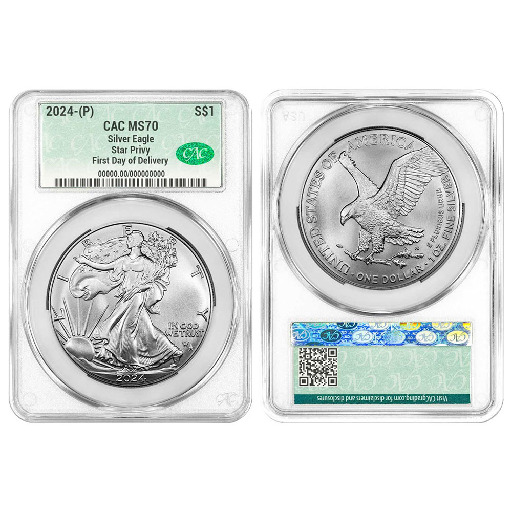 2024 (P) $1 American Silver Eagle Star Privy CACG MS70 - Pinehurst