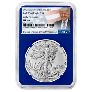 2025 (W) $1 American Silver Eagle NGC MS69 ER Trump Label Blue Core