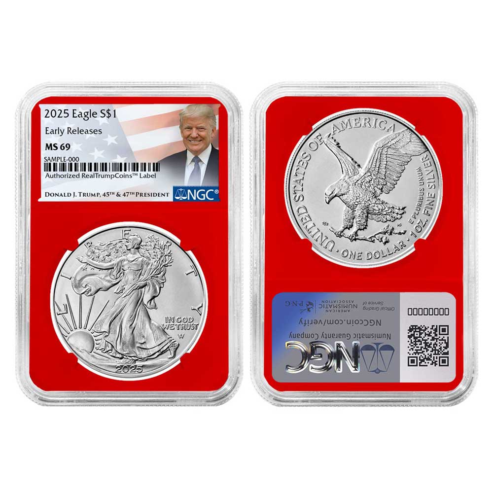 2025 $1 American Silver Eagle 3pc Set ER Trump Label - Pinehurst Coins