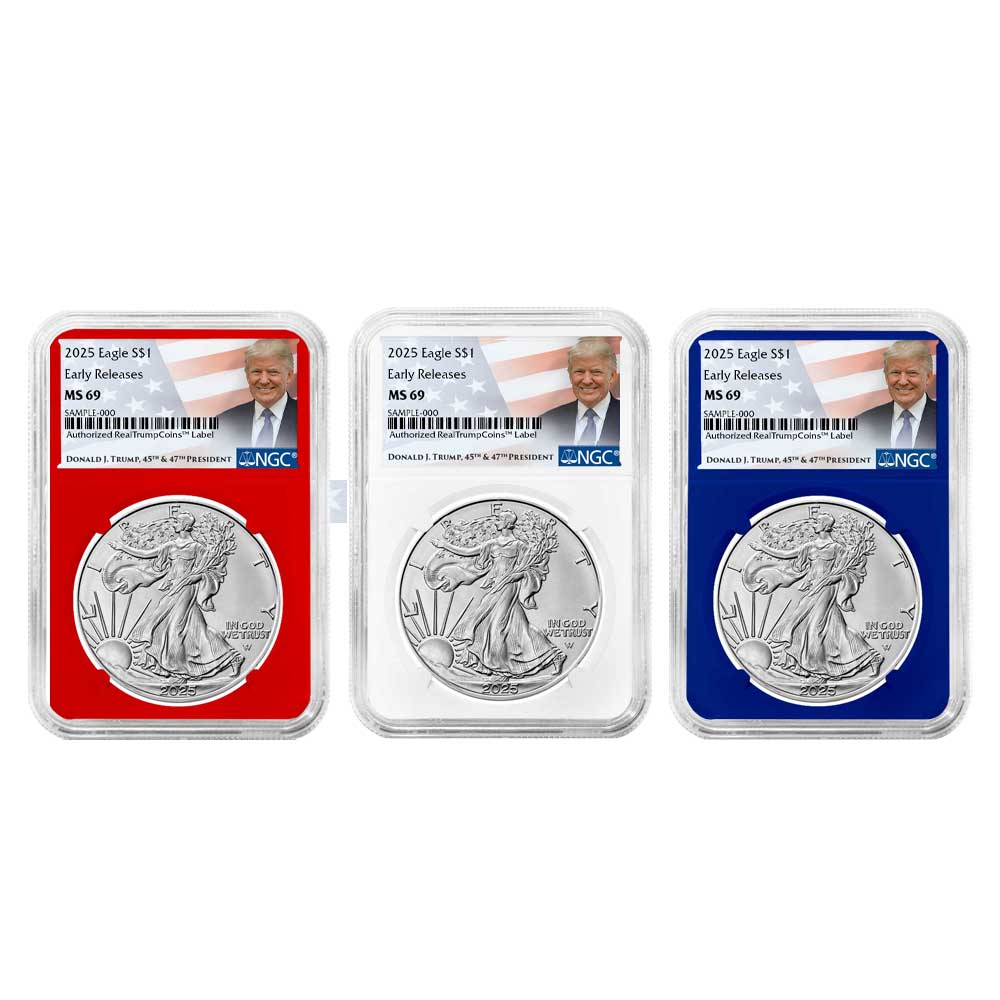 2025 $1 American Silver Eagle 3pc Set ER Trump Label - Pinehurst Coins