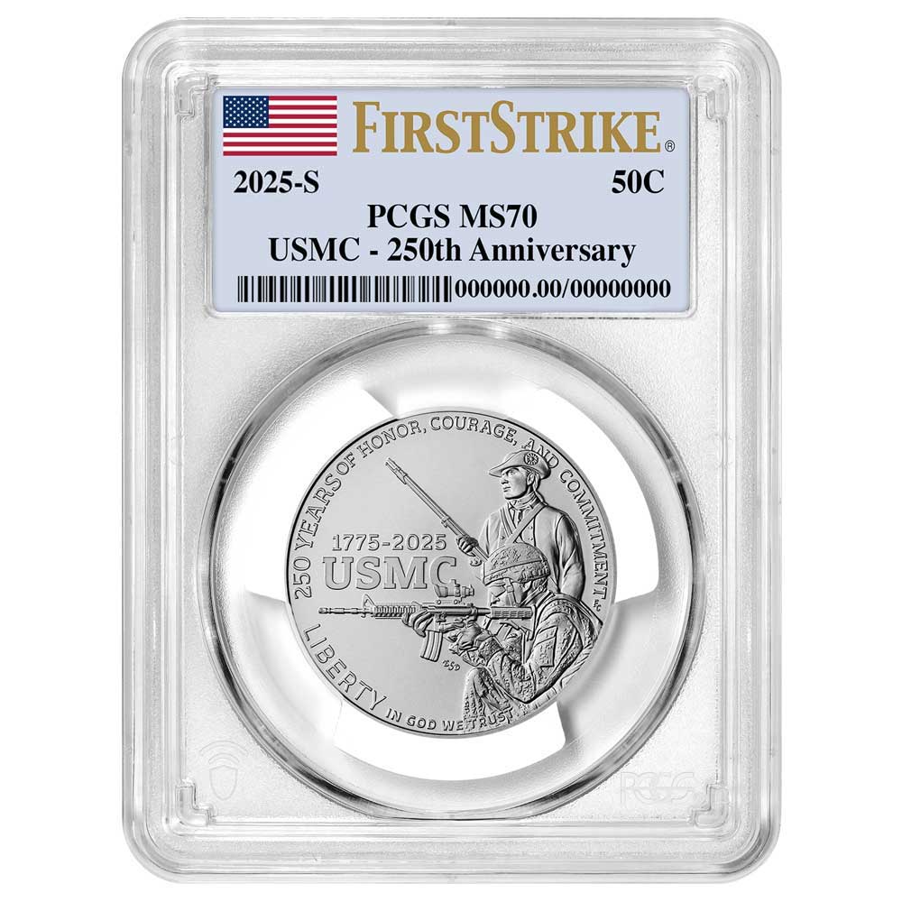 2025-S UNC Clad 50c U.S. Marine Corps 250th Anniversary Commemorative PCGS  MS70 FS Flag Label - Pinehurst Coins