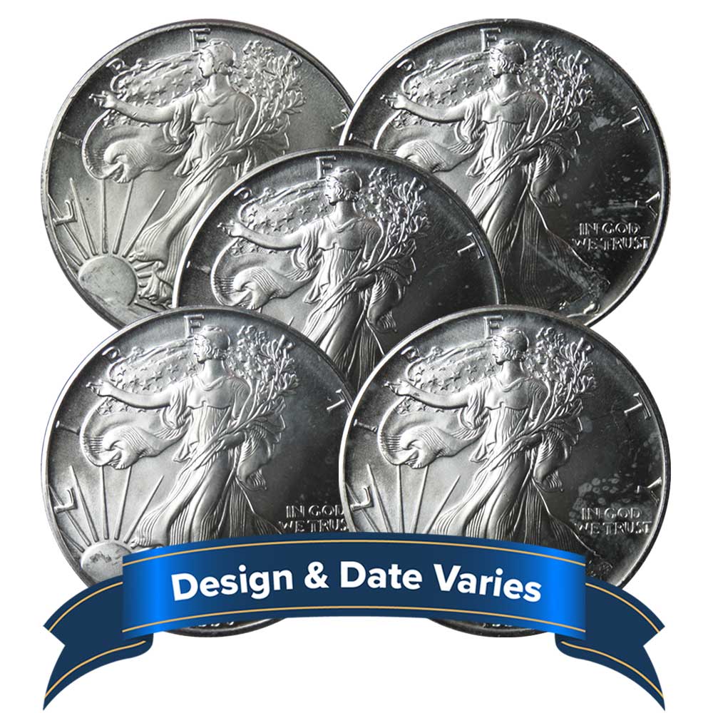 Lot of 5 - $1 American Silver Eagle 1 oz Random Year Impaired
